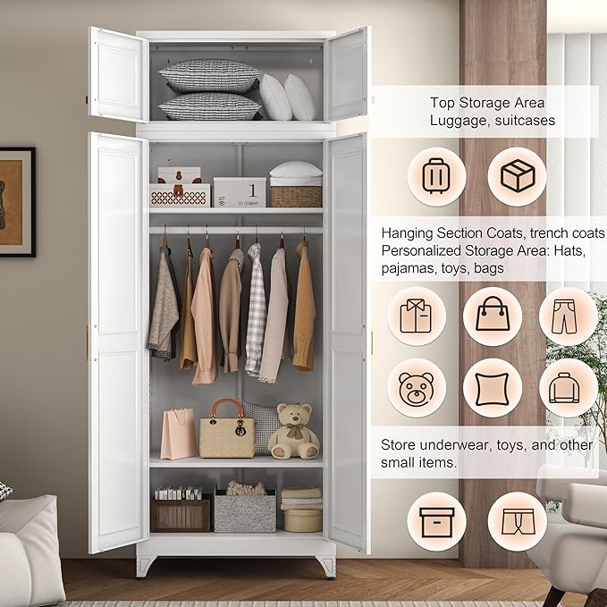 86" Metal Wardrobe Cabinets,Armoire Wardrobe Closet with Hanging Rod,Clothes Storage Cabinet with Adjustable Shelves and Doors,Clothing Cabinet for Bedroom, Laundry Room,Office