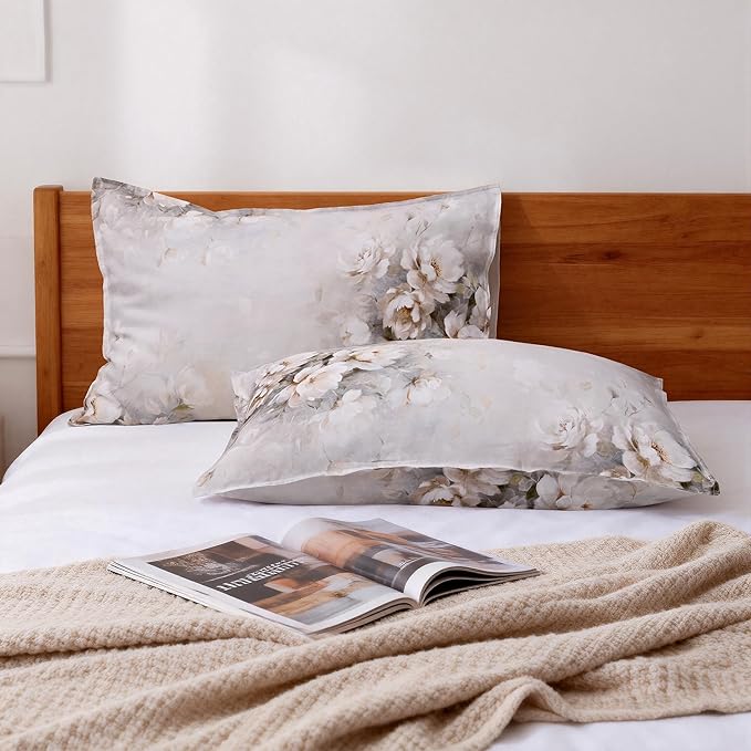 CHUFFED 100% French Linen Pillow Cases Watercolor Peony Print, Farmhouse Floral Stone Washed Pillow Shams with Envelope Closure Soft Breathable Vintage Pillow Covers for Decor,20x30 inches