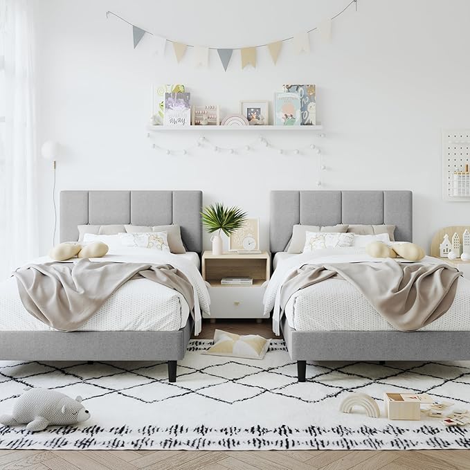 Twin Bed Frame, Padded Platform Bed Frame with Fabric Headboard, Vertical Quilted Design, Sturdy Slatted Mattress Base, No Spring Mattress Required, Easy to Assemble, Light Gray