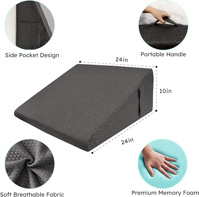 Bedluxe Wedge Pillow, 10 inch Bed Wedge Pillow, Elevated Body Pillow for Back Support, Acid Reflux, Leg, Neck Pain, Snoring, Triangle Pillow Wedge - Cooling Memory Foam Top, Dark Grey