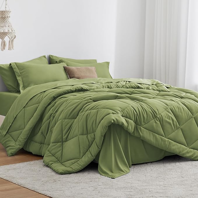 Love's cabin Full Comforter Set Olive Green, 7 Pieces Full Bed in a Bag, All Season Bedding Sets with 1 Comforter, 1 Flat Sheet, 1 Fitted Sheet, 2 Pillowcase and 2 Pillow Sham | Soft, Breathable, Lightweight, Comfortable