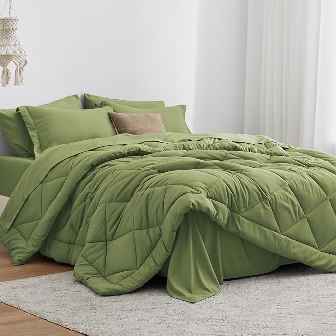 Love's cabin California King Comforter Set Olive Green, 7 Pieces California King Bed in a Bag, All Season Bedding Sets with 1 Comforter, 1 Flat Sheet, 1 Fitted Sheet, 2 Pillowcase and 2 Pillow Sham | Soft, Breathable, Lightweight, Comfortable