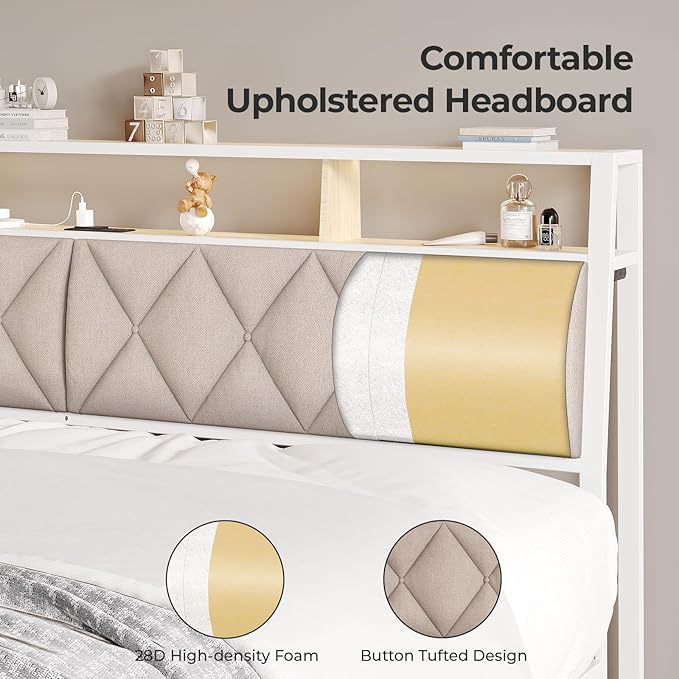 King Headboard Only, Headboard for King Size Bed with Storage, Upholstered Headboards with LED Lights & Charging Station, Attach Frame, Ideal for Bedroom/Dorm/Guest Room, White & Beige