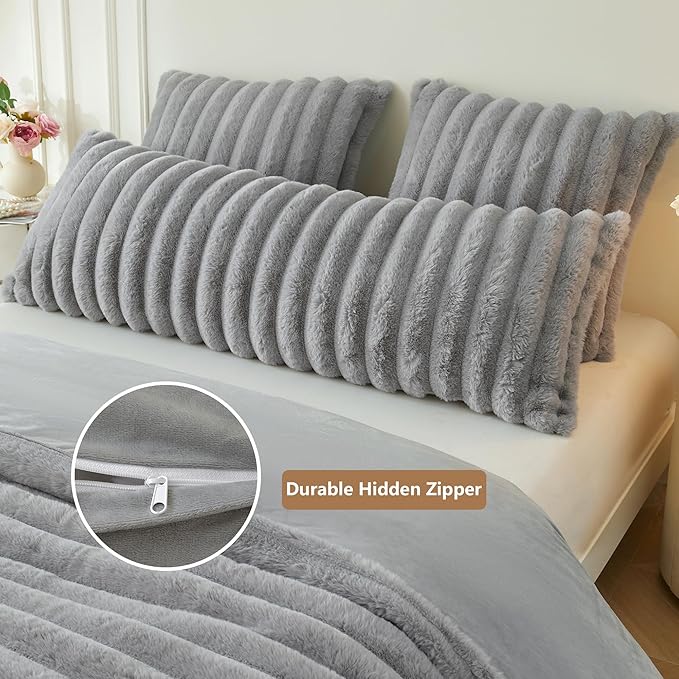 MEGO Fluffy Faux Rabbit Fur Body Pillow Cover, Cozy Plush Fuzzy Wide Striped 20x54 Body Pillowcase with Zipper, Home Decorative Shaggy Furry Ribbed Bedroom Long Pillow Cover Bed Couch Sofa, Light Grey
