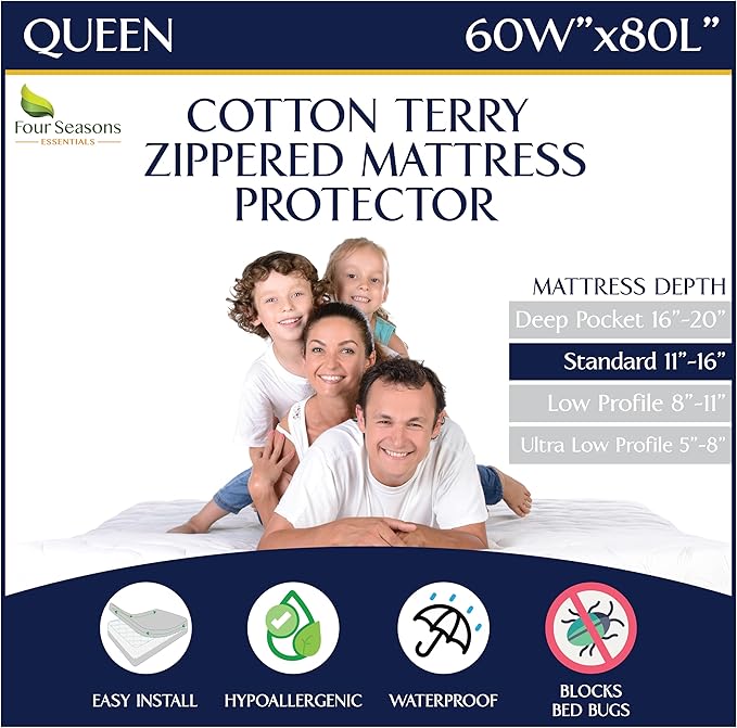 Zippered Waterproof Mattress Encasements - Hypoallergenic Mattress Protector Cover with Soft Cotton Terry Fabric Top - Queen Size 60' x 80'