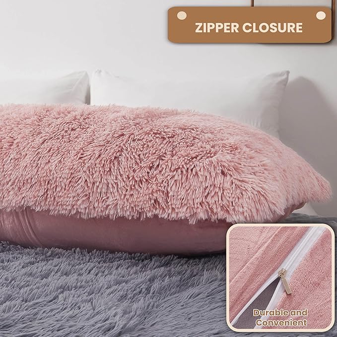 MEGO Shaggy Plush Body Pillow Cover, Pink Faux Fur Fluffy Body Pillowcase, 20x54 Boho Fuzzy Full Body Pillow Case, Furry Rectangular Long Big Throw Pillow Cover with Zipper Closure Ombre Pink