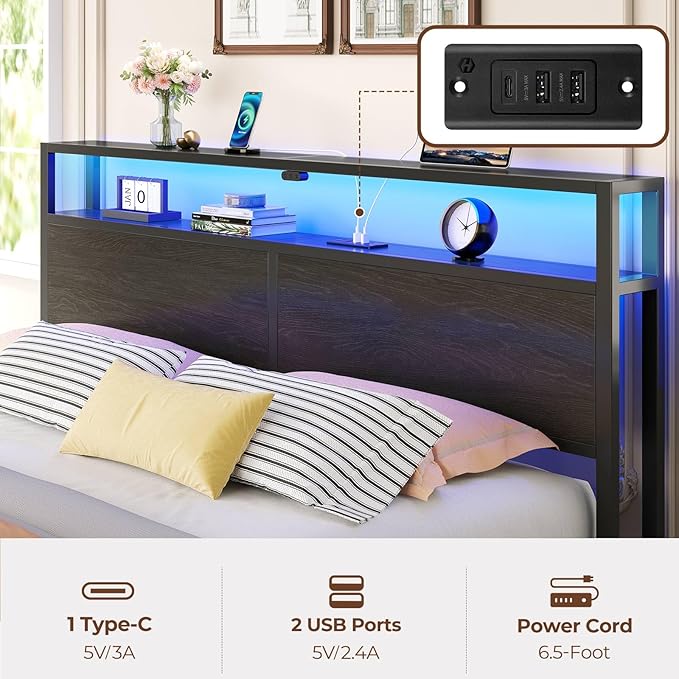 Rolanstar Twin Bed Frame with 4 Storage Drawers & 2-Tier Storage Headboard, Metal Platform Bed Frame with Charging Station & LED Lights, Noise-Free, No Box Spring Needed, Easy Assembly, Black Oak