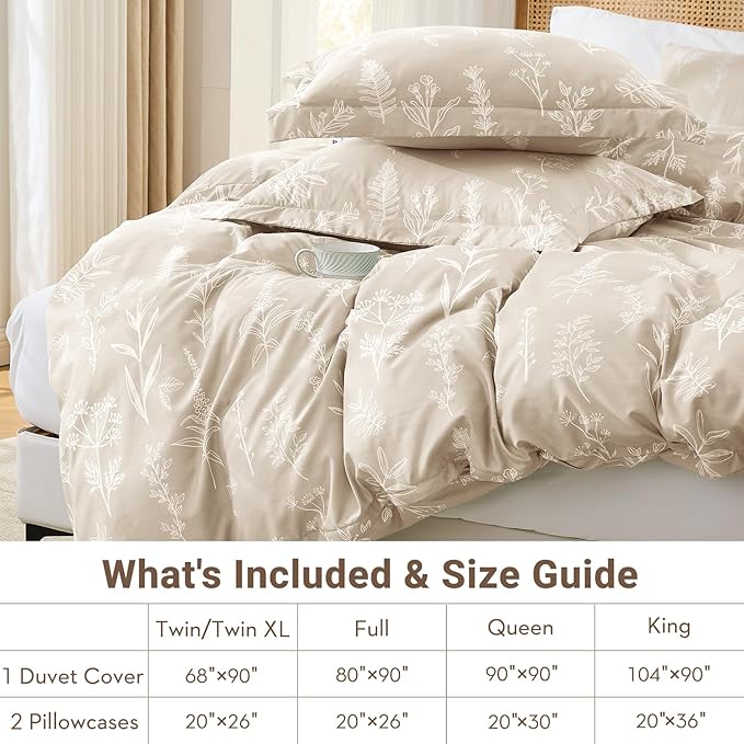 MUXHOMO Duvet Cover Queen Size, Reversible Floral Beige Duvet Cover Set with Zipper Closure, 3 Pieces Botanical Patterns Soft Microfiber Bedding Set with 4 Ties (90"x90", 2 Pillow Cases)