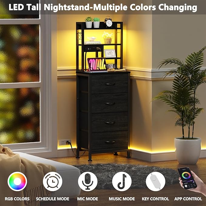 Furnulem Tall Nightstand, LED Night Stand with Charging Station and USB Ports, 4 Fabric Drawers and 4 Tier Storage Shelf, Nightstands Bedside Tables for Bedroom, Dorm, Office (Black Oak)