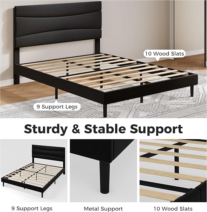 GarveeHome Queen Modern Upholstered Bed Frame with Soft Padded Headboard,Sturdy Metal Steel Slat Support, Noise-Free Quiet Design,Easy Assembly,Heavy Duty Stable Bed Frame(Black)