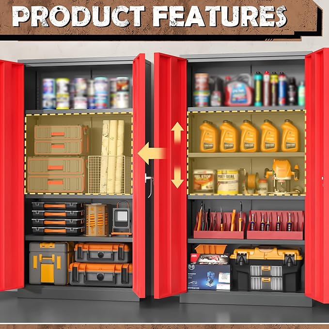 INTERGREAT Metal Lockable Storage Cabinet, 72” H Storage Cabinet with 2 Doors and 4 Adjustable Shelves for Office, Garage, Pantry (Assembly Required, Black Red)