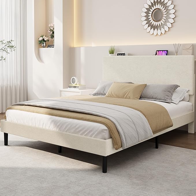 IDEALHOUSE Queen Bed Frame, Platform Bed with Adjustable Corduroy Upholstered Storage Headboard and Charging Station, Sturdy Metal Support, Noise Free, Easy Assembly, Beige