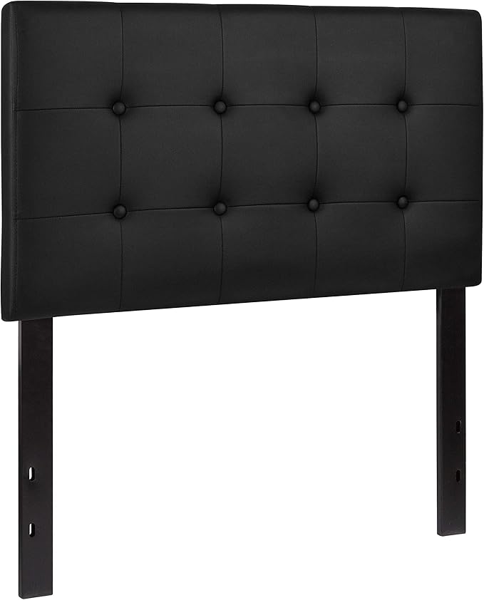 Flash Furniture Lennox Adjustable Height Button Tufted and Box Stitch Upholstered Twin Size Headboard in Black Vinyl