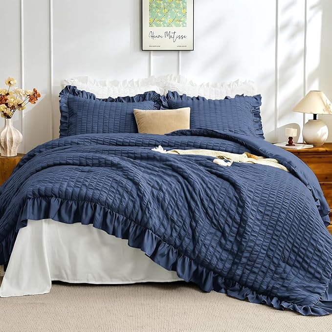 JOLLYVOGUE Navy Blue King Comforter Set, 3 Pieces Seersucker Comforters King Size, Lightweight & Fluffy Bedding Sets King for All Season with 1 Ruffle Comforter and 2 Ruffle Pillowshams