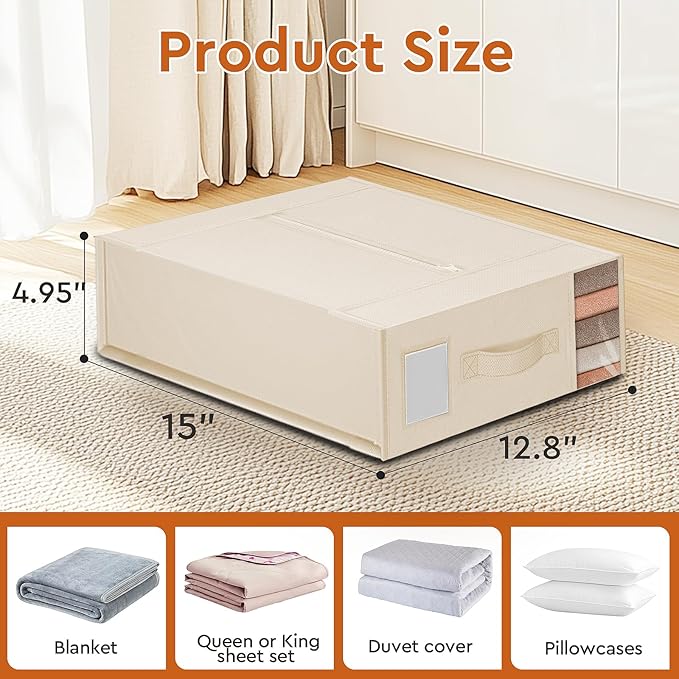 StorageTastic 4 Pack Bed Sheet Closet Organizers and Storage,Sturdy Foldable Storage Containers with Window and Label,Storage and Organization for Bedding Sheets,Duvet Covers,Blankets (Beige)