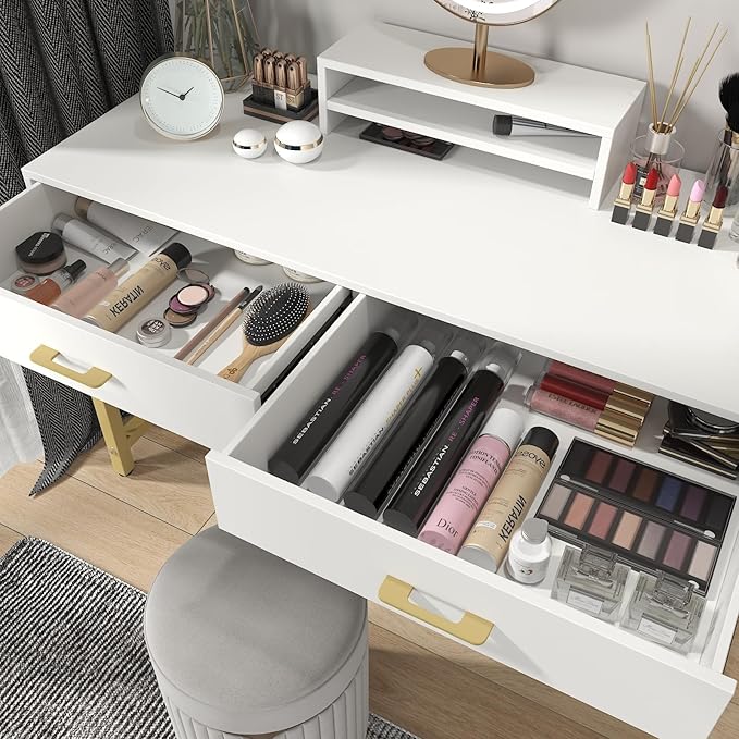 WESTREE Women Makeup Vanity Desk with 2 Drawers - Bedroom Home Office Desk, Wooden Height Monitor Stand & Storage Shelf Without Mirror, White Table Great Gift for Her