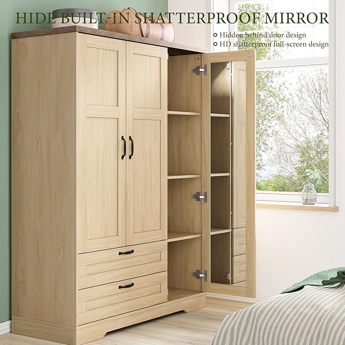 Yechen 3-Door Wooden Armoire Wardrobe Closet with Drawers and Shelves, Bedroom Armoires Closet with Mirror for Hanging Clothes, Coat, Farmhouse Wardrobe Cabinet for Large Storage Needed
