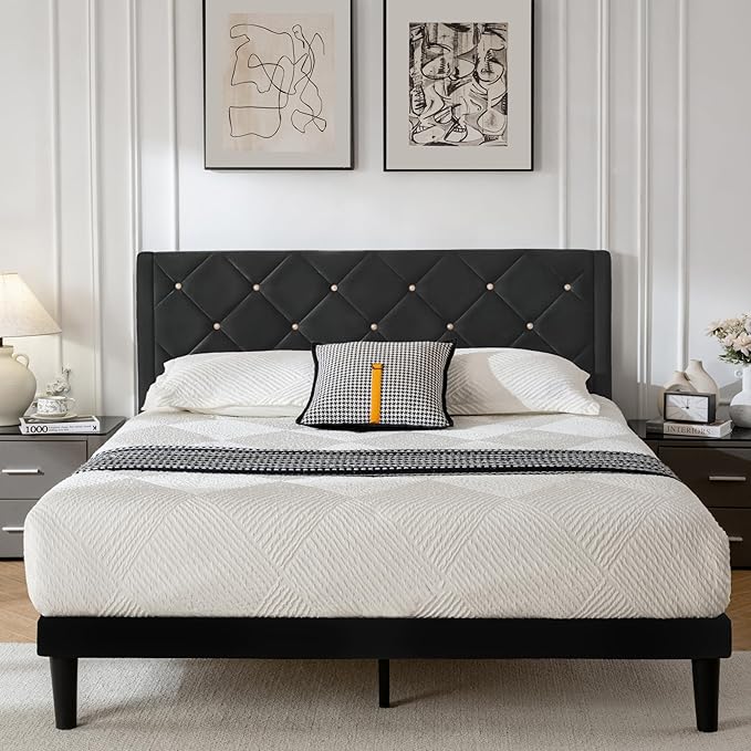Queen Bed Frame with Headboard, Bed Frame Queen Size with Sturdy Wooden Slats Support, Platform Frame with Velvet Upholstered Headboard, Mattress Foundation, Easy Assembly, No Box Spring Needed Black