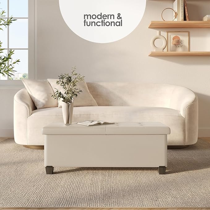 Storage Ottoman Bench with Bins, 43-in Storage Bench for Bedroom End of Bed, Folding Foot Rest Ottoman for Living Room Max 660lbs, Leather Ottomans, Beige