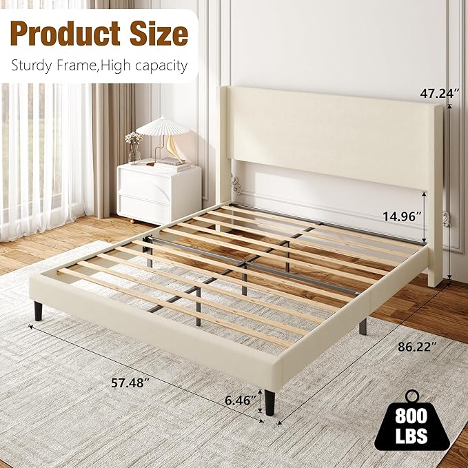 Sismplly Queen Bed Frame with Wingback Headboard, Velvet Upholstered Platform Bed with Wooden Slats, 6.46“ Under Bed Storage, Metal Support, Noise Free, No Box Spring Needed, Beige