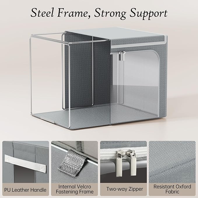 Yecaye Clothes Storage Bins with Metal Frame, 40L Foldable Clothing Storage Bins with Lid, Stackable Zippered Clothes Storage Bags, Oxford Fabric Organizer Box With Clear Window＆ PU Leather Handles