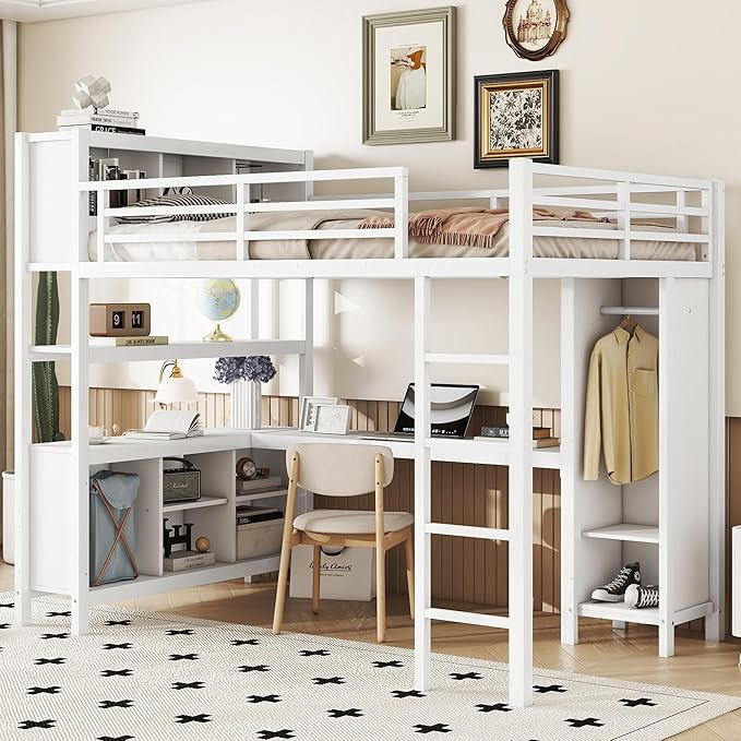 Full Size Loft Bed with L Shaped Desk, Wardrobe and Storage Shelves, Metal Heavy Duty Loft Bed Frames with Ladder and Guardrails for Kids, Teens, Juniors, Space Saving (White, Full)