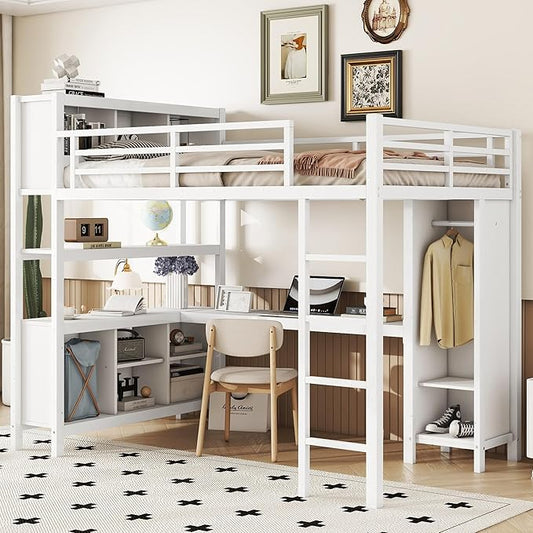 Full Size Loft Bed with L Shaped Desk, Wardrobe and Storage Shelves, Metal Heavy Duty Loft Bed Frames with Ladder and Guardrails for Kids, Teens, Juniors, Space Saving (White, Full)