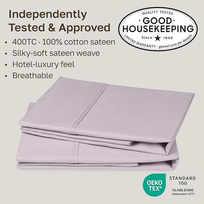 California Design Den King Size Pillowcase Set - 400 Thread Count, 100% Cotton Sateen, Set of 2 Pillow Covers, Soft and Breathable - Dusky Lavender Grey