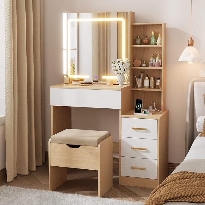 IDEALHOUSE Vanity Desk with Mirror and Lights, Vanity Table and Chair Set with 4 Drawers and Charging Station, Dresser LED Sliding Mirror with 3 Color Modes Adjustable Storage Shelves, Natural+White