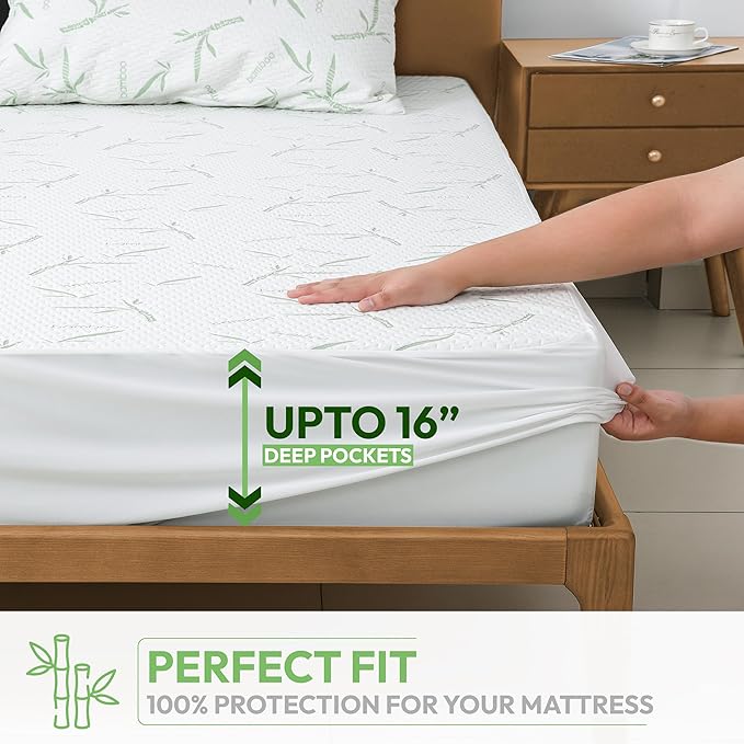 Hannah Linen Viscose derived from Bamboo Cooling Mattress Protector, 100% Waterproof - Soft and Breathable, 280 GSM Fitted Style Mattress Cover, 16 Inches Deep Pocket - Twin, 75x39 - (4 Pack)