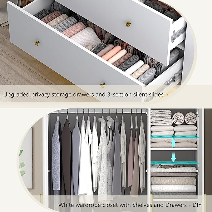 jiteentarou 3 Door Wardrobe Closet with Mirror & LED Lights, Bedroom Armoire with Drawers & Shelves, Modern Wooden Armoire Wardrobe Closet with Hanging Rod for Bedroom, White