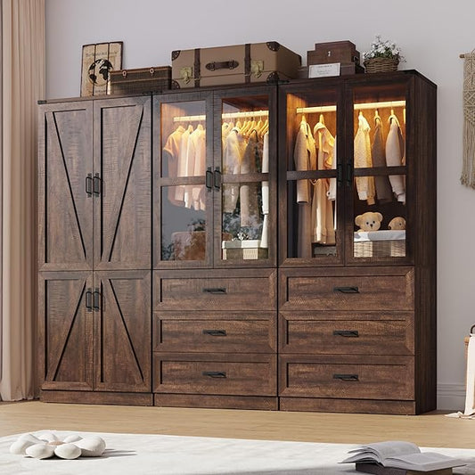 Hlivelood 75" Tall Farmhouse 6 Doors Armoire Wardrobe Closet with 6 Drawers and LED,Freestanding Closet Wardrobe Cabinet for Bedroom with Hanging Rod,Wooden Armoire Storage Cabinet(Brown 6 Doors 2)