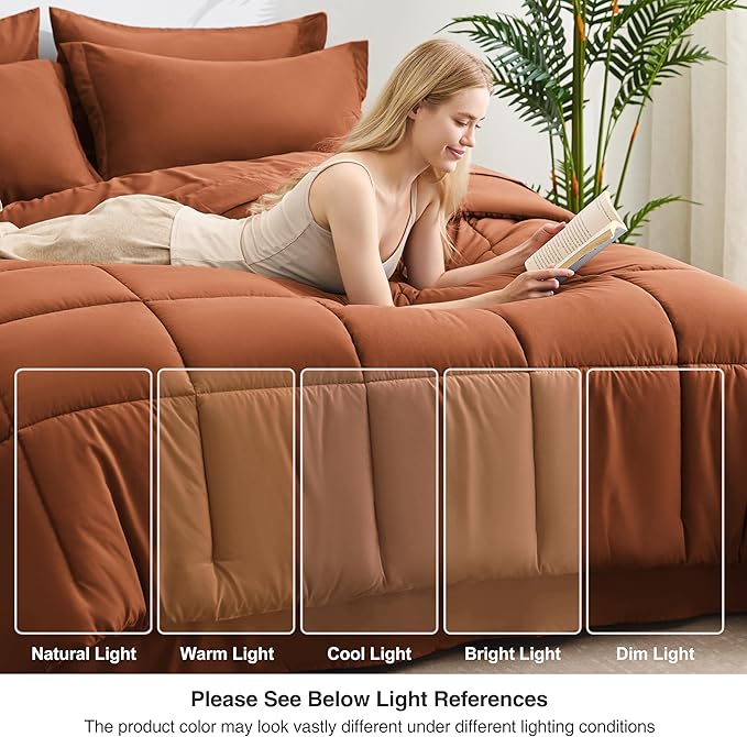 Love's cabin Queen Comforter Set Burnt Orange, 7 Pieces Queen Bed in a Bag, All Season Bedding Sets with 1 Comforter, 1 Flat Sheet, 1 Fitted Sheet, 2 Pillowcase and 2 Pillow Sham | Soft, Breathable, Lightweight, Comfortable