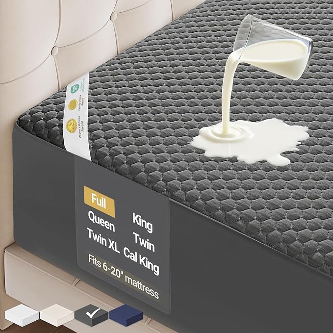 OhGeni Waterproof Mattress Protector, Full-Gray, Fitted Sheet with Stretchable Pockets, Deep Sleep Noiseless Soft. Breathable Cooling Hypoallergenic Material, Mattresses Cover for Bed