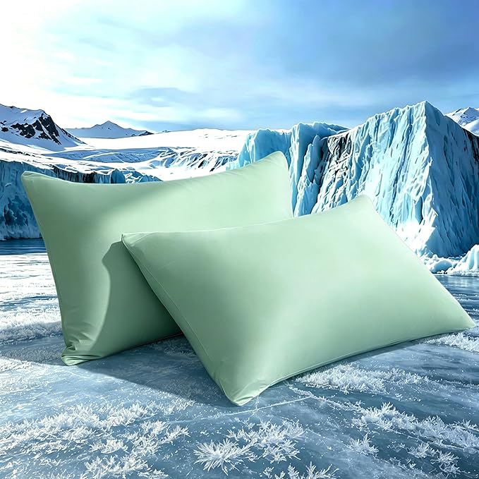 TELUS Cooling Pillowcases Queen Size 2-Pack, Silky Soft Breathable Pillow Case with Envelope Close, Stay Cool Pillow Cover for Hot Sleepers and Night Sweats, 20x30 Inch, Green