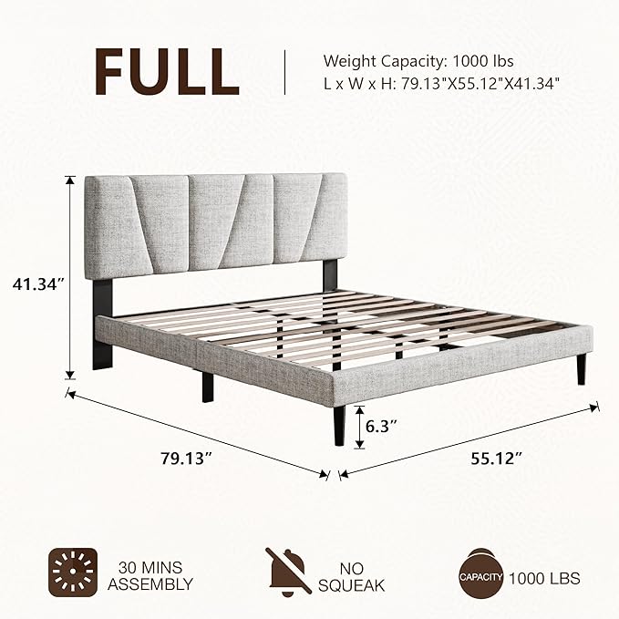 Full Size Bed Frame with Linen Upholstered Platform Bed Frame, Wooden Slats Support, Noise-Free Mattress Foundation, No Box Spring Needed, Easy Assembly, Light Grey