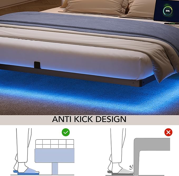 Decofy King Size Floating Bed Frame with LED Lights and Charging Station, Modern Minimalist Design, No Spring Mattress Required, Easy to Assemble