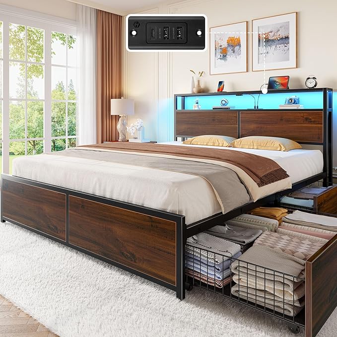 Rolanstar Full Size Bed Frame with 4 Storage Drawers, Charging Station and LED Lights, Metal Platform Bed with 2-Tier Storage Headboard, No Box Spring Needed, Easy Assembly, Noise-Free, Walnut