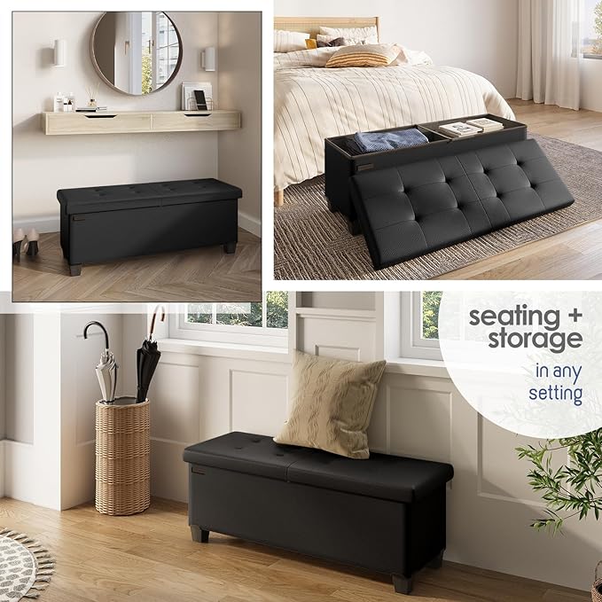 Storage Ottoman Bench with Bins, 43-in Storage Bench for Bedroom End of Bed, Folding Foot Rest Ottoman for Living Room Max 660lbs, Faux Leather Ottomans, Black