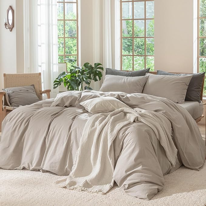 MooMee Bedding Duvet Cover Set 100% Washed Cotton Linen Like Textured Breathable Durable Soft Comfy (Solid Light Tan, Queen 90"x90")