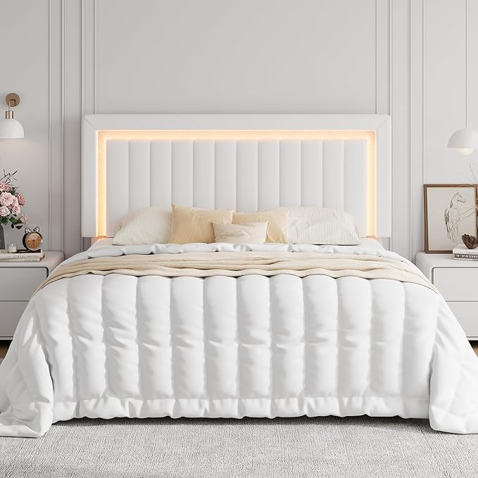 SHA CERLIN King Size Velvet Bed Frame with LED Light, Adjustable Vertical Channel Tufted Headboard, Strong Wooden Slats Support, Noise-Free, No Box Spring Needed, White