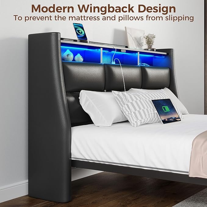 Rolanstar Twin Size Bed Frame with LED Lights and Charging Station, Upholstered Headboard with 2-Tier Storage Shelves, Heavy Duty Metal Frame, Noise-Free Support, Easy Assembly, No Box Spring Needed