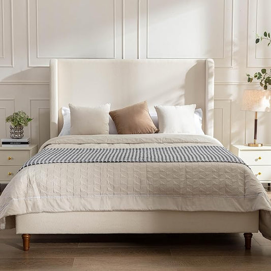 GDFStudio Tall Headboard Upholstered Bed,Queen Size Platform Bed Frame with Headboard Wingback,54" High No Box Spring Needed Easy Assembly Elegant Simplicity Ivory Boucle