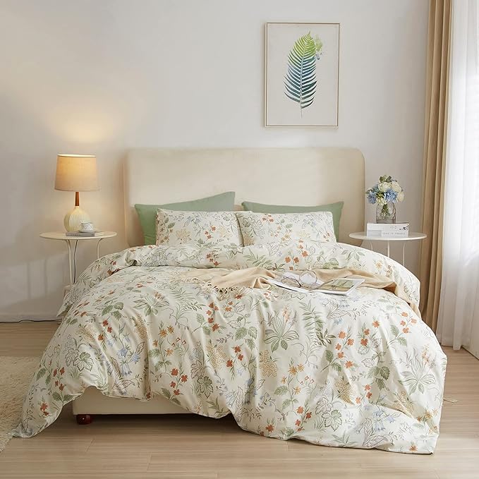 mixinni White Duvet Cover Set with Green Leaves Twin XL Size 100% Cotton Flower Printed Bedding Set 1 Duvet Cover 2 Pillowcases for Teen Girls, Ultra Soft, Breathable, Comfortable(3pcs, Twin XL Size)