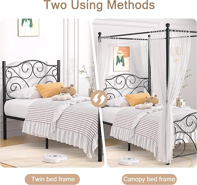 VECELO Metal Canopy Bed Frame Twin Size, 4 Posters Platform Mattress Foundation with Headboard, Heavy Duty Steel Slats Support, No Box Spring Needed, Black