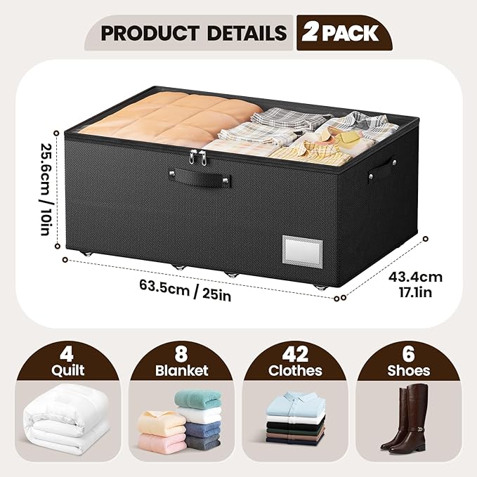 Dayacoco Under Bed Storage With Wheels,10 Inches Under Bed Storage Containers,65L Large Capacity,No Assembly Required Rolling Under Bed Storage for Clothes,Blankets,Shoes,Black