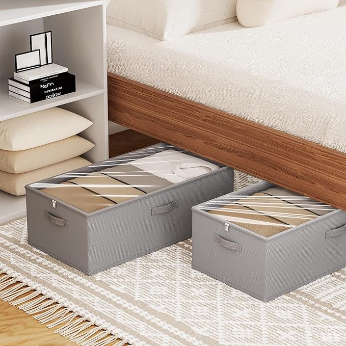 2 Pack Under Bed Storage Containers, 10 Inch Tall Underbed Clothes Storage Organizer Bin with Clear Window，Foldable Box Basket for Clothes, Closet, Bed Sheets and Blankets Gray