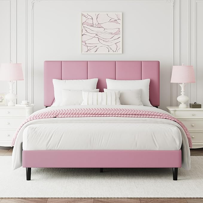 Full Bed Frame, Padded Platform Bed Frame with Velvet Headboard, Vertical Quilted Design, Sturdy Slatted Mattress Base, No Spring Mattress Required, Easy to Assemble, Pink