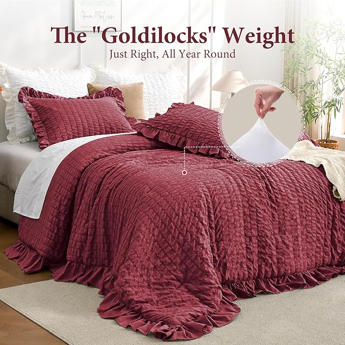 JOLLYVOGUE King Size Comforter Set, 3 Pieces Burgundy Seersucker Comforters King Size, Lightweight & Fluffy Bedding Sets King for All Season with 1 Ruffle Comforter and 2 Ruffle Pillowshams
