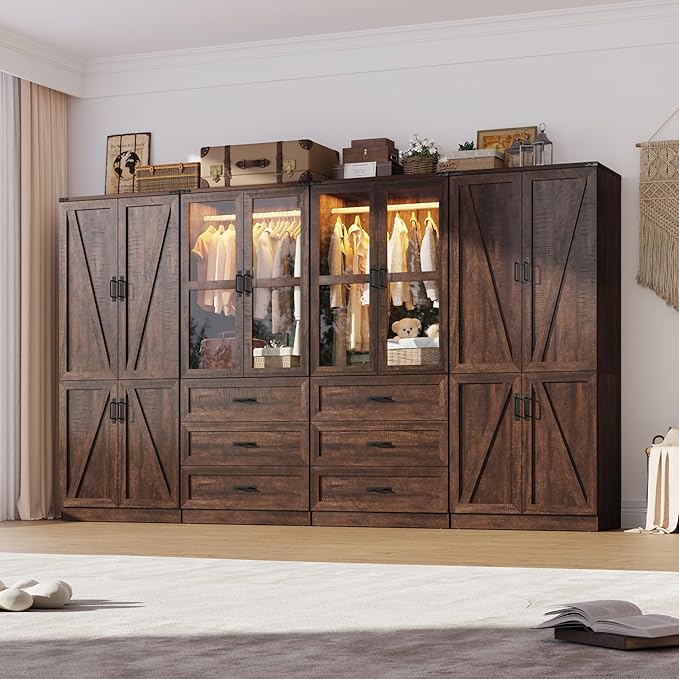 Hlivelood 75" Tall Farmhouse 8 Doors Armoire Wardrobe Closet with 6 Drawers and LED,Freestanding Closet Wardrobe Cabinet for Bedroom with Hanging Rod,Wooden Armoire Storage Cabinet(Brown 8 Doors)